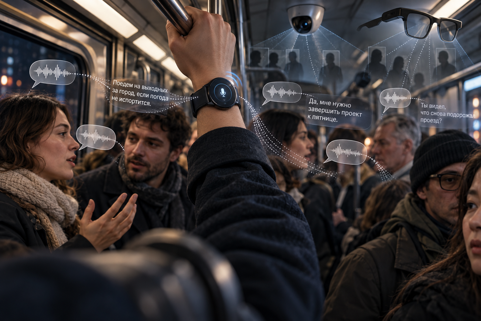 В вагоне метро разговоры пассажиров превращаются в полупрозрачные текстовые фрагменты, стекающие в часы с индикатором микрофона, пока камеры и очки остаются «сенсорами», а не рекор