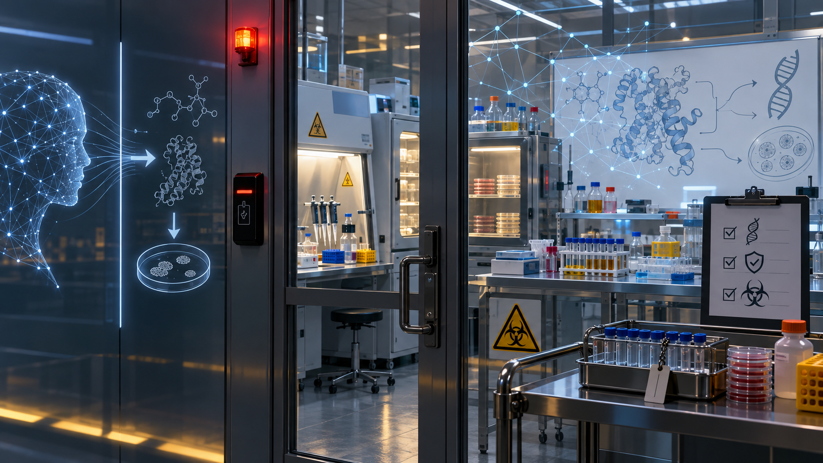 Запертая wet lab с пробирками, биобезопасностью и полупрозрачными AI-сетями показывает, что модели Anthropic проверяют уже в физических биологических экспериментах.