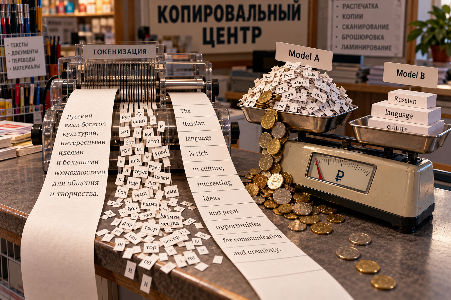 В копировальной лавке русская бумажная строка нарезана на мелкие «токены», которые перевешивают на кассовых весах и вытягивают лишние рубли.
