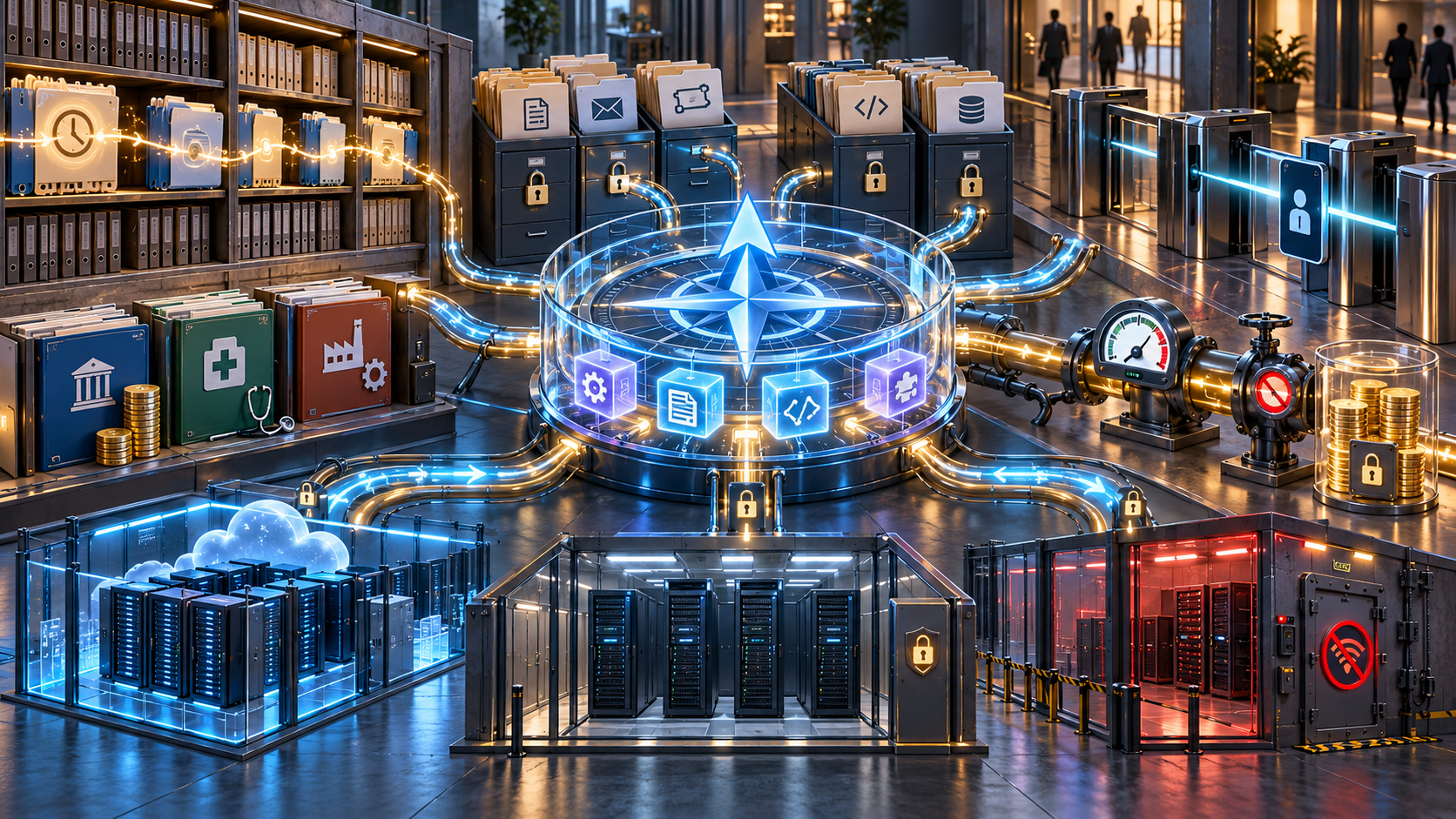 Офисные AI-агенты показаны как управляемые маршруты в защищённом хранилище данных с памятью, доступами, лимитами и счётчиком расходов.