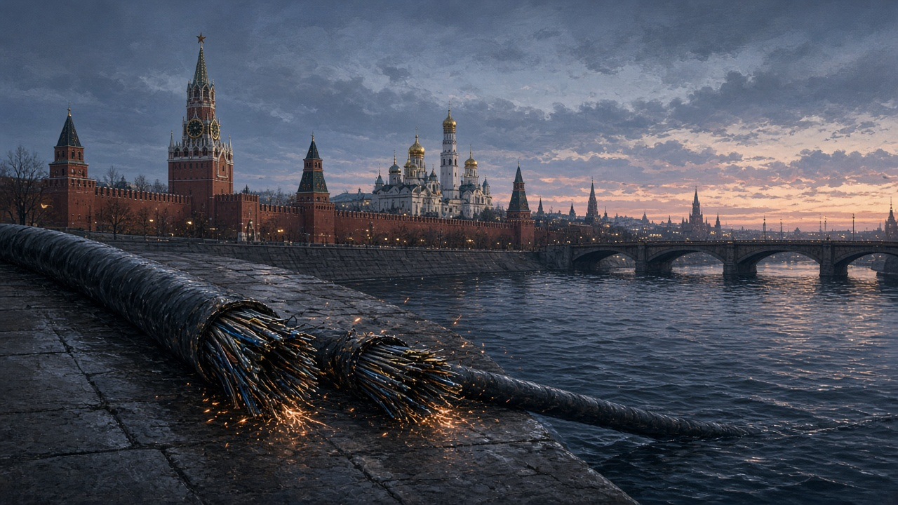 На набережной Москвы-реки у силуэта Кремля оборванный подводный оптоволоконный кабель лежит на камнях — связь с западными серверами обрывается прямо на границе региона.
