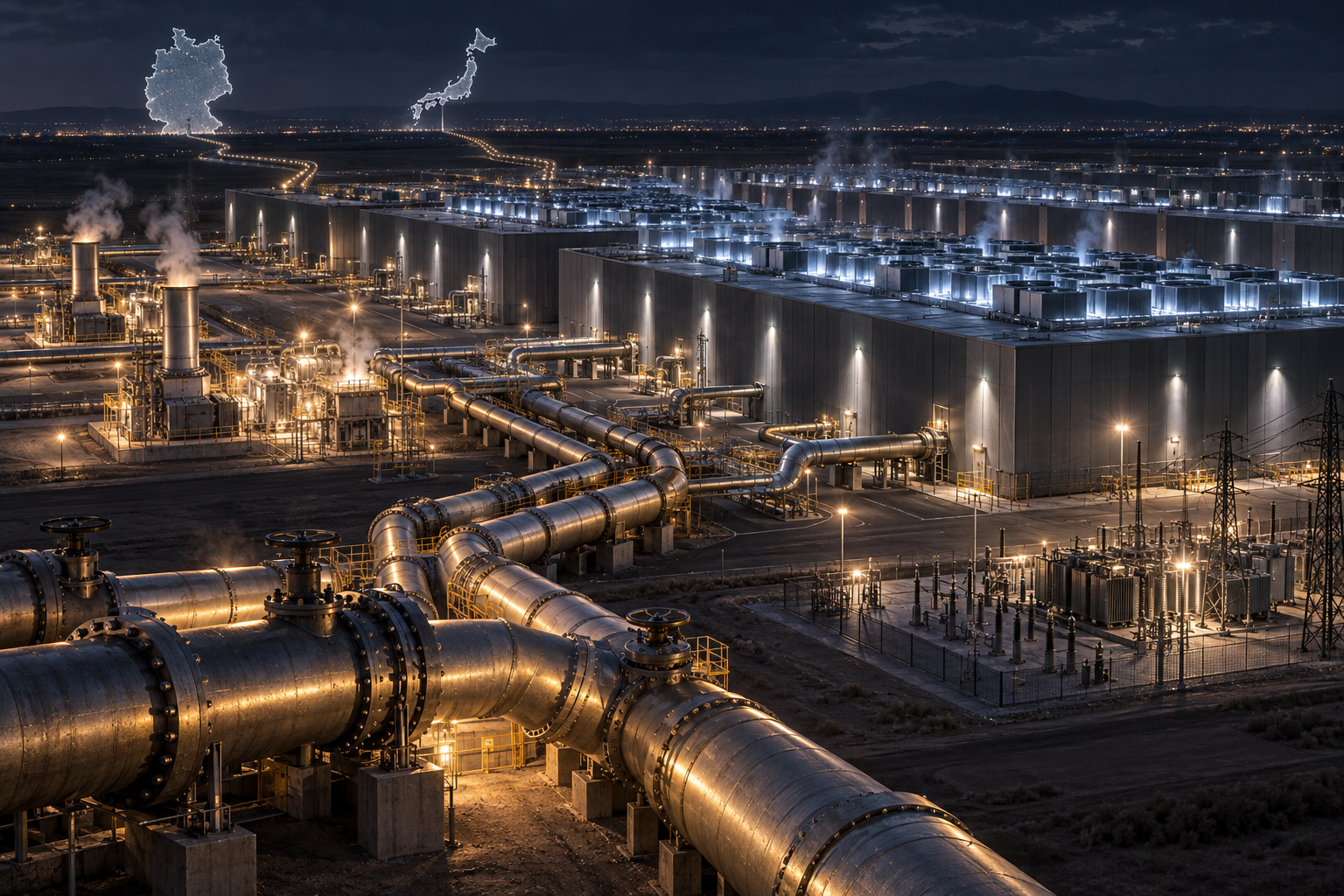 Ночной кампус AI-дата-центров физически питается от перегруженных газовых труб и турбин, показывая, что «облако» упирается в земную энергетику.