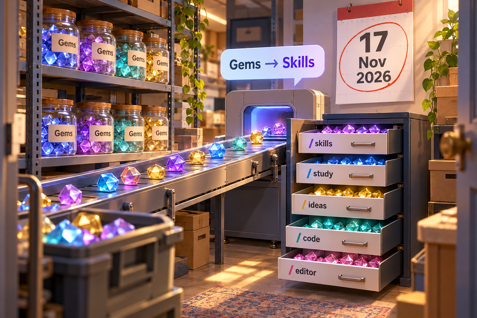 An empty archive closet shows jars of “Gems” being automatically sorted into slash-command “Skills” drawers under a 17 Nov 2026 migration calendar.