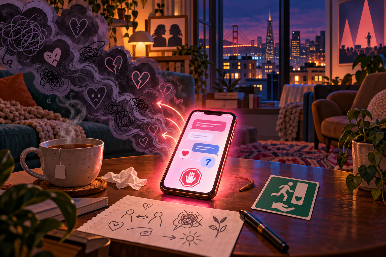 Смартфон с абстрактным AI-чатом про отношения светится на журнальном столике, отталкивая тревожные сердечные каракули и подчёркивая границы сервиса вместо бесконечной исповеди.