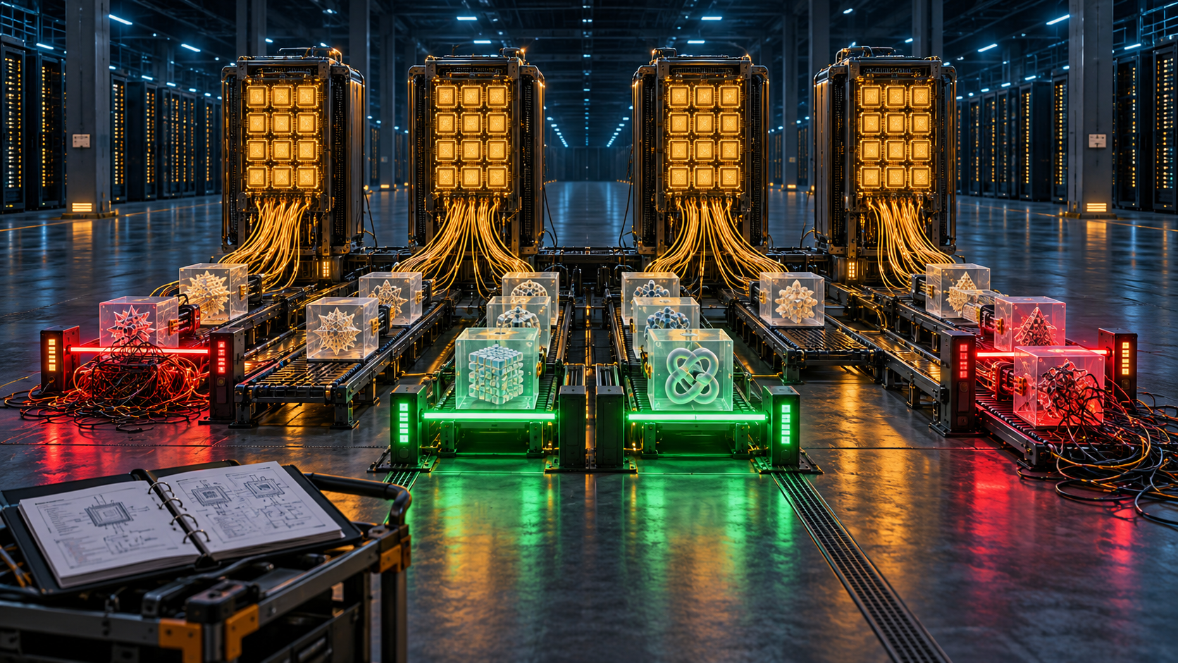 Four glowing Trainium-like accelerator towers route translucent model crates toward either a green compatibility checkpoint or a cable-tangled failure barrier.