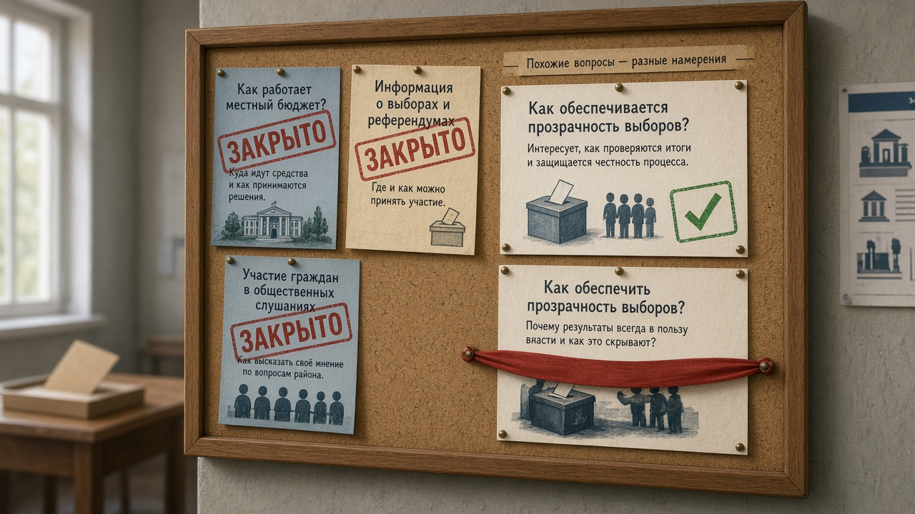 На доске в гражданском зале две почти одинаковые политические записки — одна открыта, другая заклеена «ЗАКРЫТО», пока рядом лишние красные штампы закрывают и безобидные материалы.
