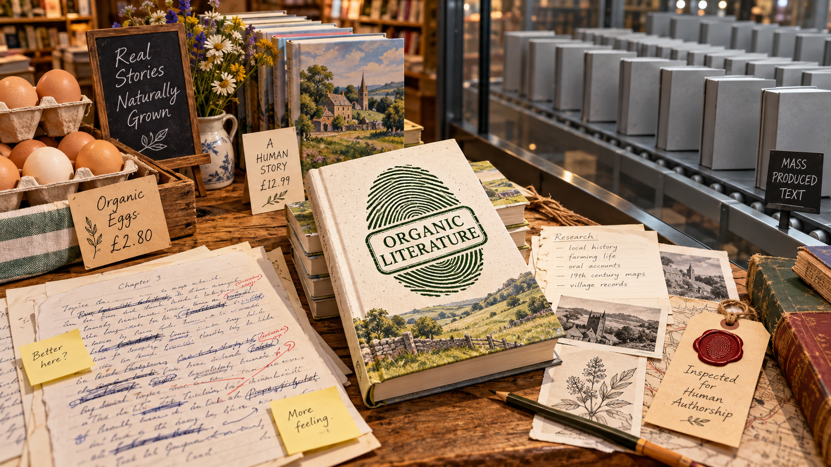 Книжная витрина оформлена как фермерский рынок, где роман с отпечатком «ORGANIC LITERATURE» лежит среди яиц, черновиков и следов ручной редакторской работы.