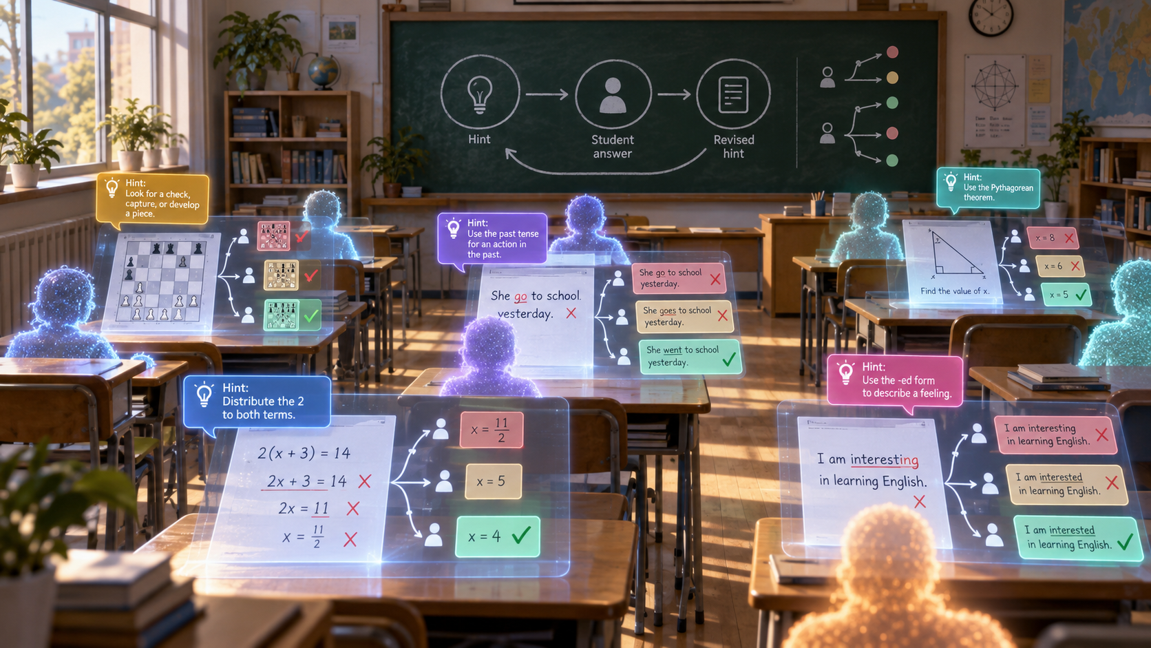 Пустой школьный класс превращён в лабораторный полигон StudentSim: над партами висят виртуальные работы с ошибками, подсказками и ветвящимися ответами учеников.