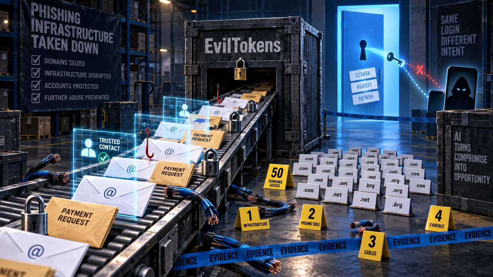 Пустой склад киберполиции показывает конфискованный конвейер EvilTokens, где письма, OAuth-коды и платежные папки уходят в опечатанный ящик вместо чужого почтового аккаунта.