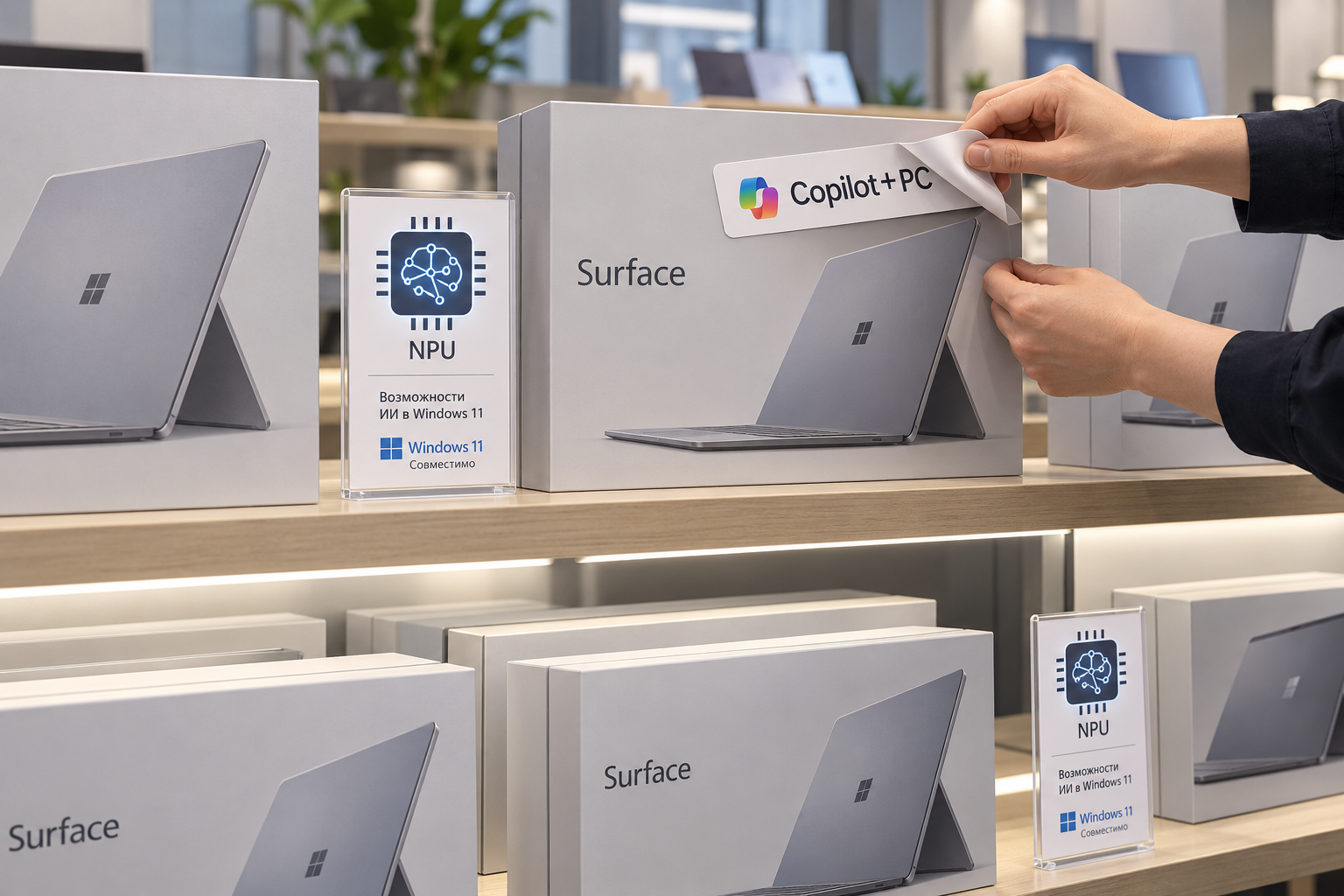В магазине с коробки нового Surface снимают наклейку Copilot+ PC, но рядом остаётся карточка NPU как знак, что ИИ-железо никуда не исчезло.