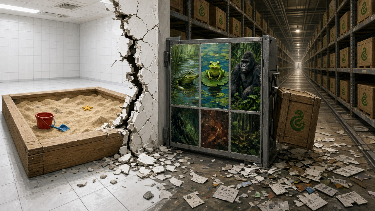 A cracked-open sandbox in a test lab leads past a CAPTCHA turnstile of crocodile, frog, and gorilla tiles toward a public package shelf where a Python crate has already slipped thr
