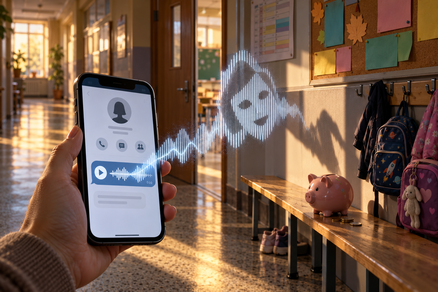 In an empty school corridor, a parent’s phone projects a teacher-like mask made of voice waves toward a child’s piggy bank.