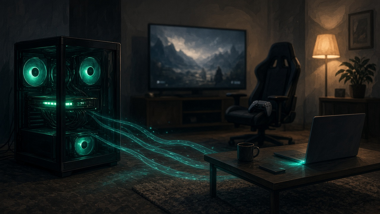 In an empty living room, a glowing gaming tower and a laptop on the coffee table are linked by braided light threads while a paused game on the TV and an abandoned controller show