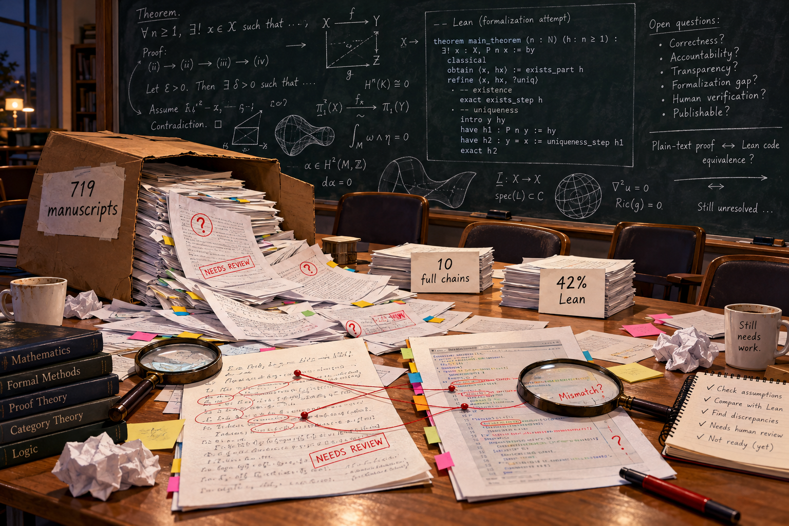 Empty seminar room with a spilled box of 719 AI proof manuscripts, Lean-code sheets, and red review marks shows why the math is still awaiting human verification.