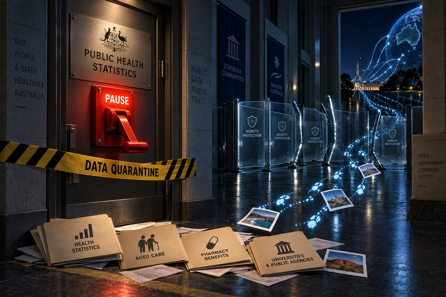 Empty Australian public-health records corridor with a red PAUSE lever, quarantine tape, bent firewall gates, and glowing agent footprints dragging generic files and image prints t