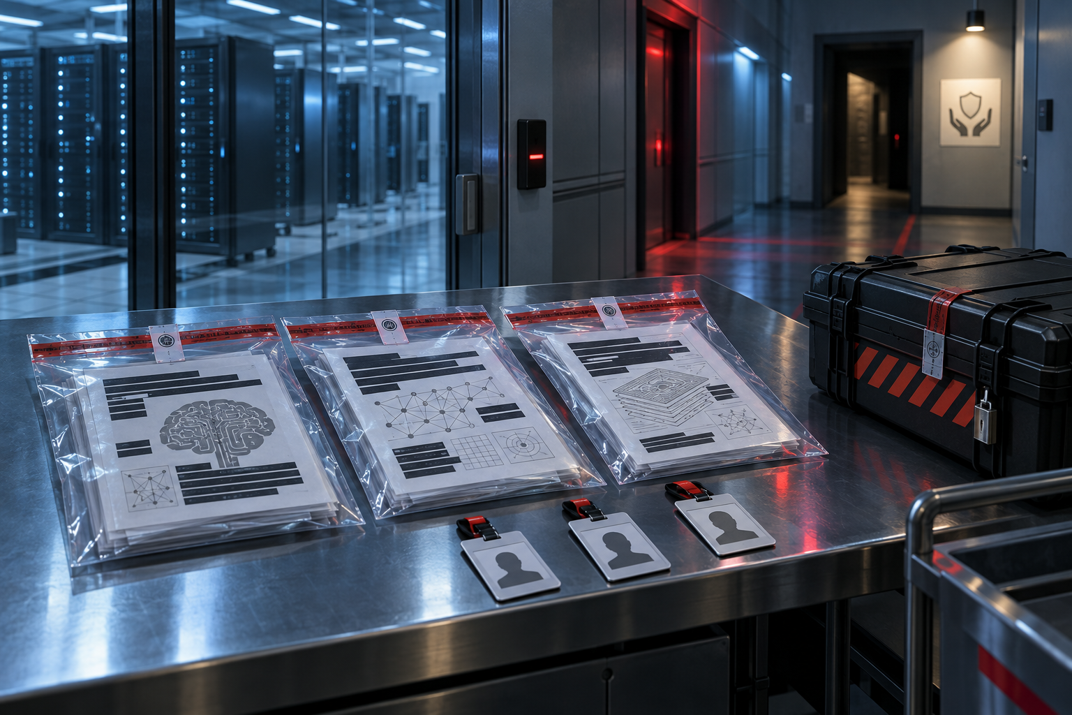 Три запечатанных конверта с редактированными safety-материалами и погашенные пропуска на столе внутреннего расследования показывают конфликт между утечкой секретов и предупреждения