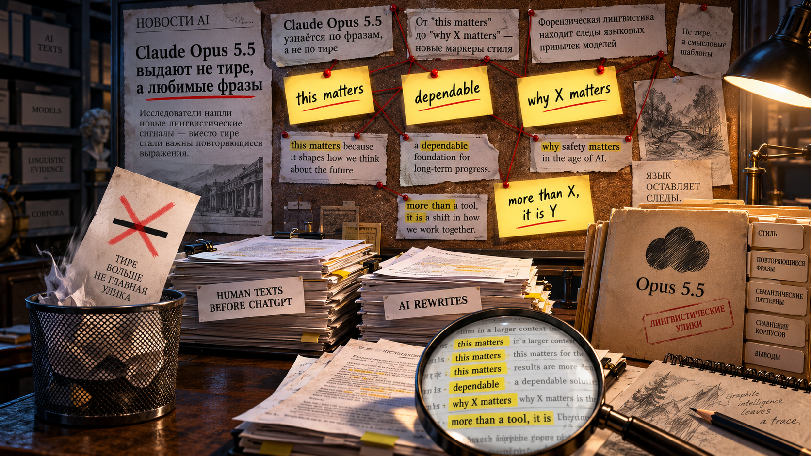 Forensic linguistics evidence room where the crossed-out em dash has been replaced by glowing clue cards for “this matters”, “dependable”, and “why X matters”.