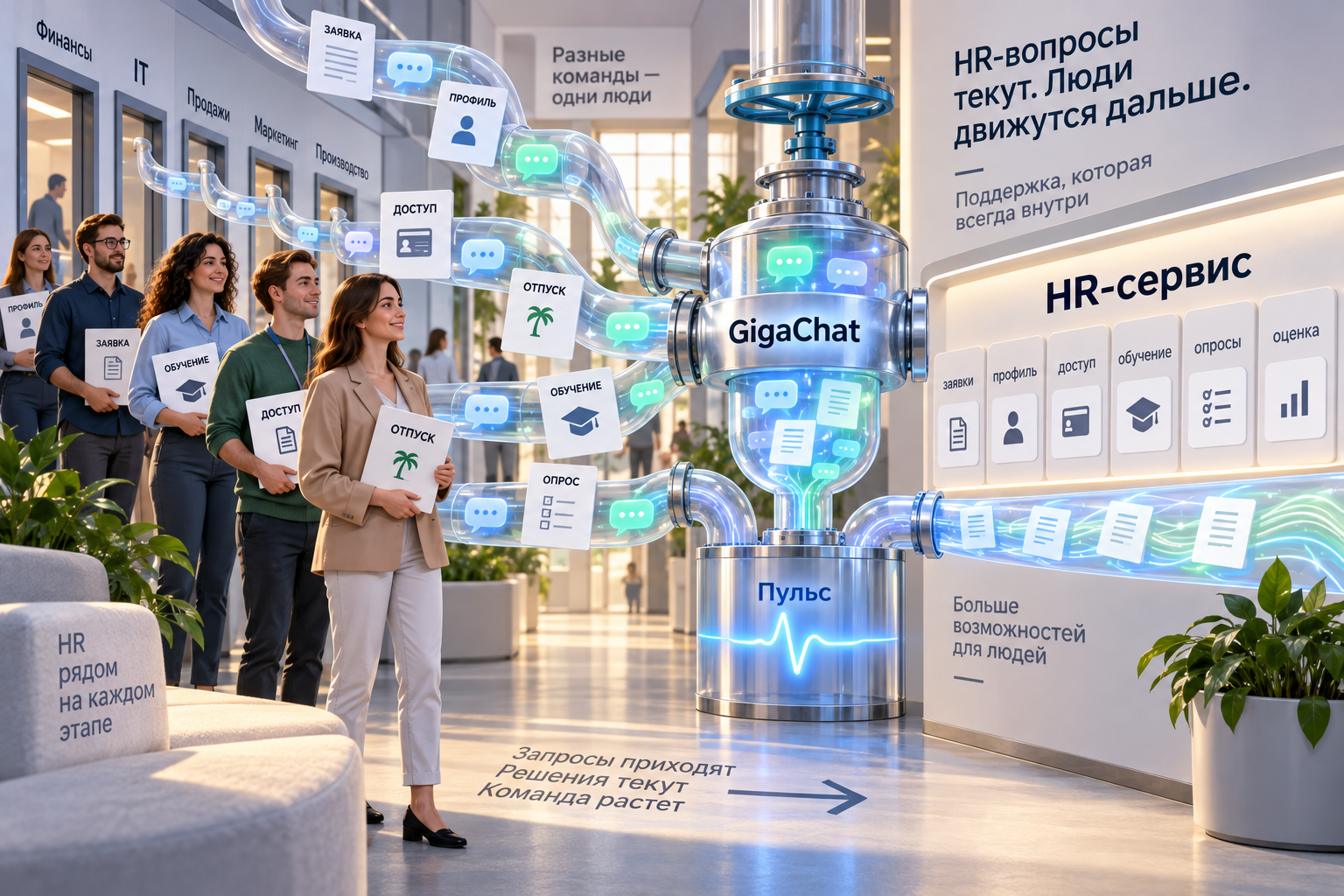 HR-заявки, доступы и профили текут по прозрачным трубам через клапан GigaChat внутри «Пульса», превращая очередь сотрудников в быстрый поток ответов.
