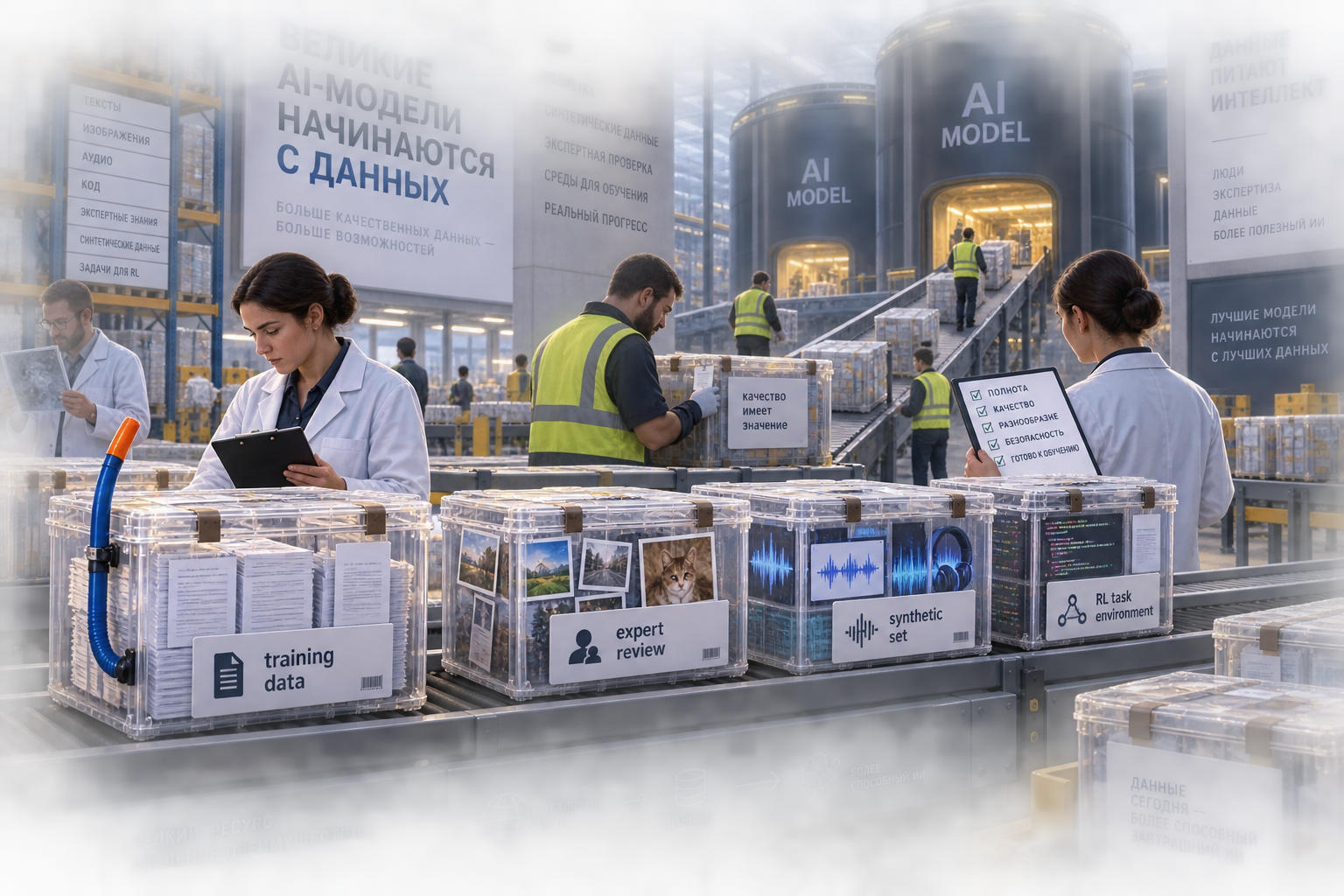 Промышленный конвейер кормит абстрактные AI-среды ящиками с размеченными датасетами, показывая, что в этой гонке покупают не магию, а качественные данные.