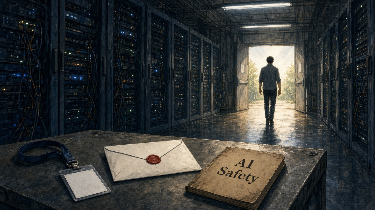 В зале GPU-стоек остались бейдж, конверт с увольнением и книга «AI Safety», а специалист по обучению моделей уходит к выходу — символ отказа от гонки из страха потерять контроль.