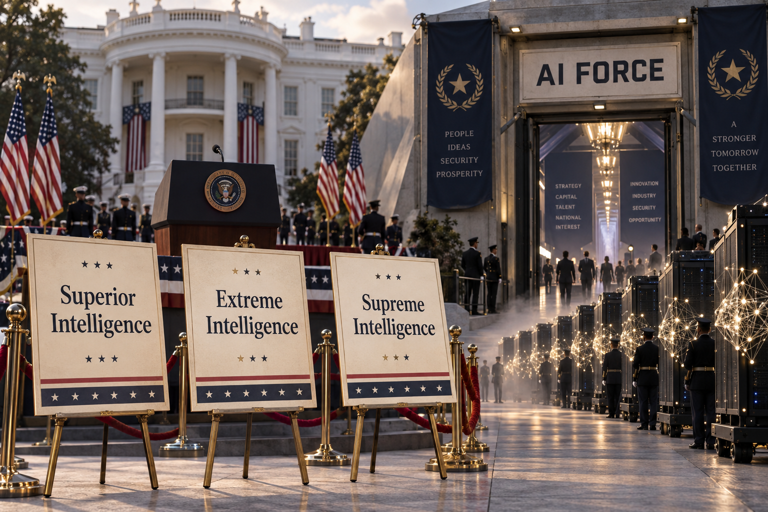 A White House–style parade staging area turns AI policy into a mock security branch, with “AI FORCE” signage and rename-ballot placards for Superior, Extreme, and Supreme Intellige