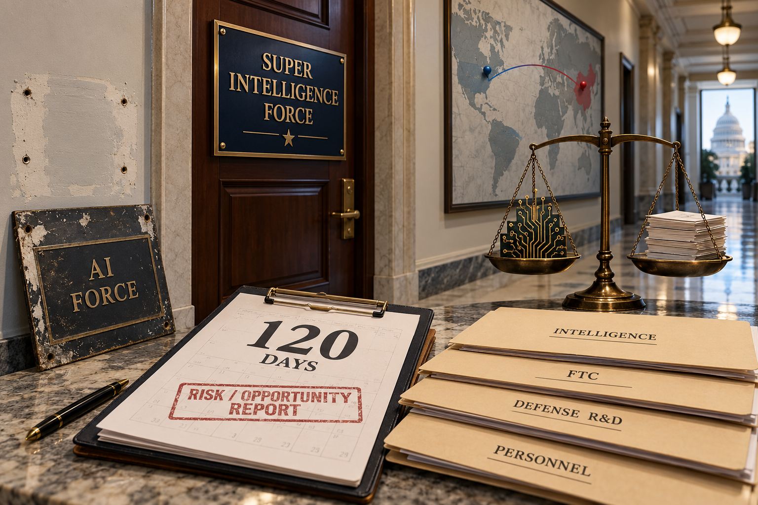 Новая табличка “SUPER INTELLIGENCE FORCE” на двери федерального кабинета рядом со снятой “AI FORCE”, папками ведомств и 120-дневным докладом показывает ребрендинг AI-политики Вашин