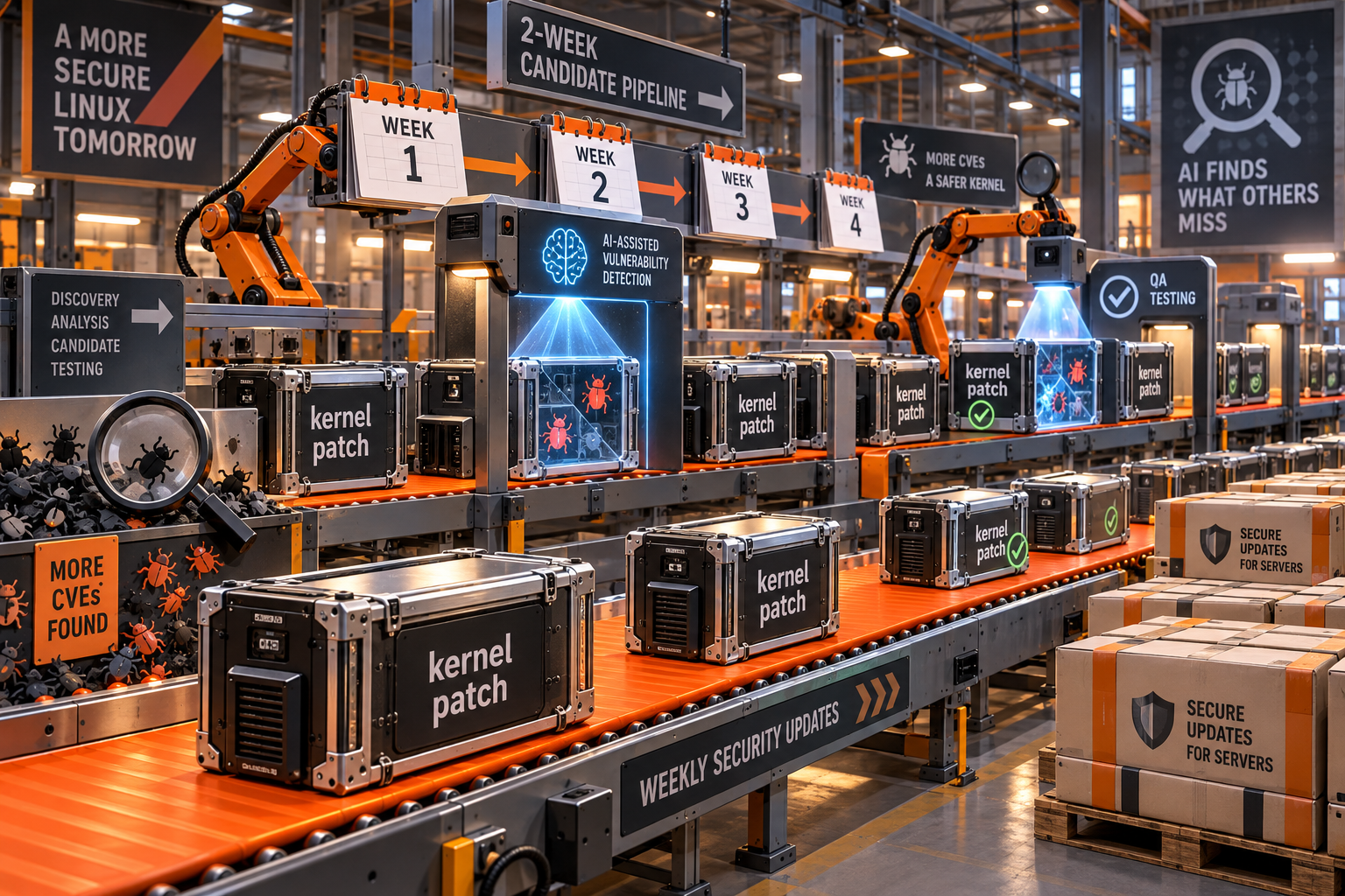 Empty factory conveyors move Linux kernel patch crates through AI bug scanners and weekly calendar gates, making Ubuntu’s new overlapping security-update pipeline recognizable with