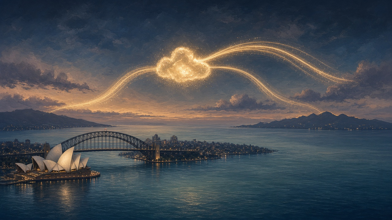 Над Circular Quay в Сиднее светится облачный шлюз, а три потока данных уходят через Тихий океан к далёким берегам — локальный вход в Bedrock, обработка где найдётся мощность.