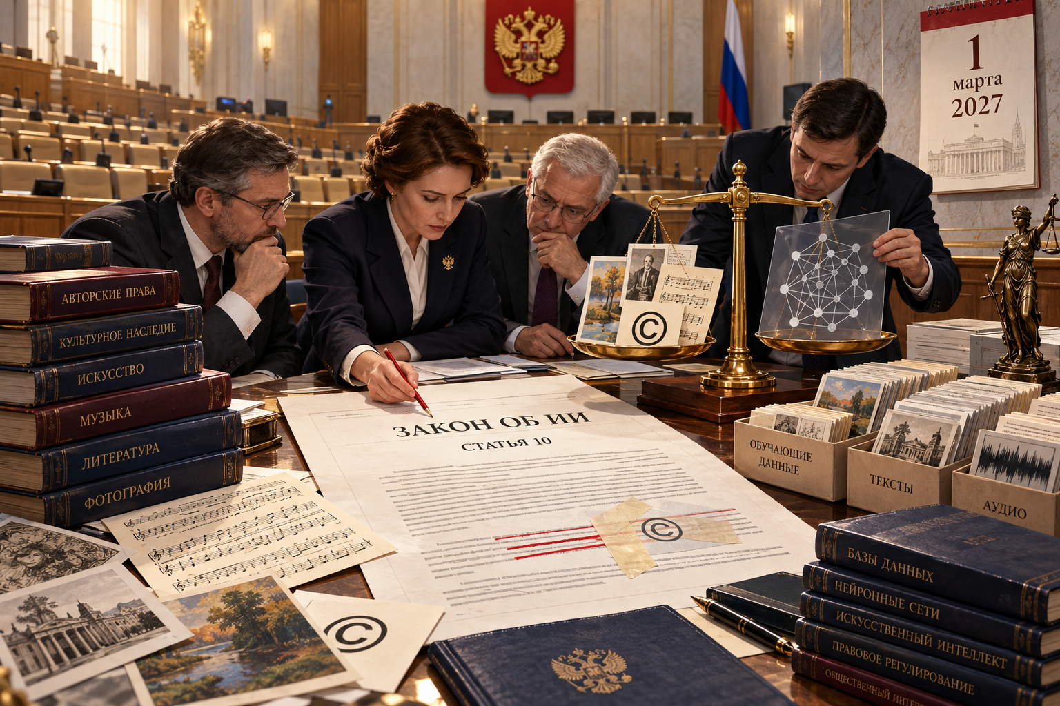 В пустом зале законотворцев спорная «Статья 10» закона об ИИ чинится красным карандашом и лентой над весами, где авторские материалы уравновешены схемой обучения модели.