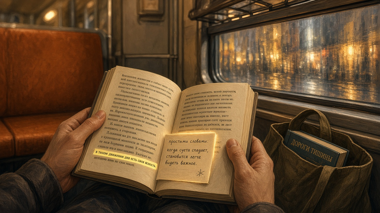В вагоне метро из поля открытой книги выдвигается карманная сноска с пояснением к жёлтой подсветке строки — читать и «спросить прямо в полях» можно без стола и ноутбука.