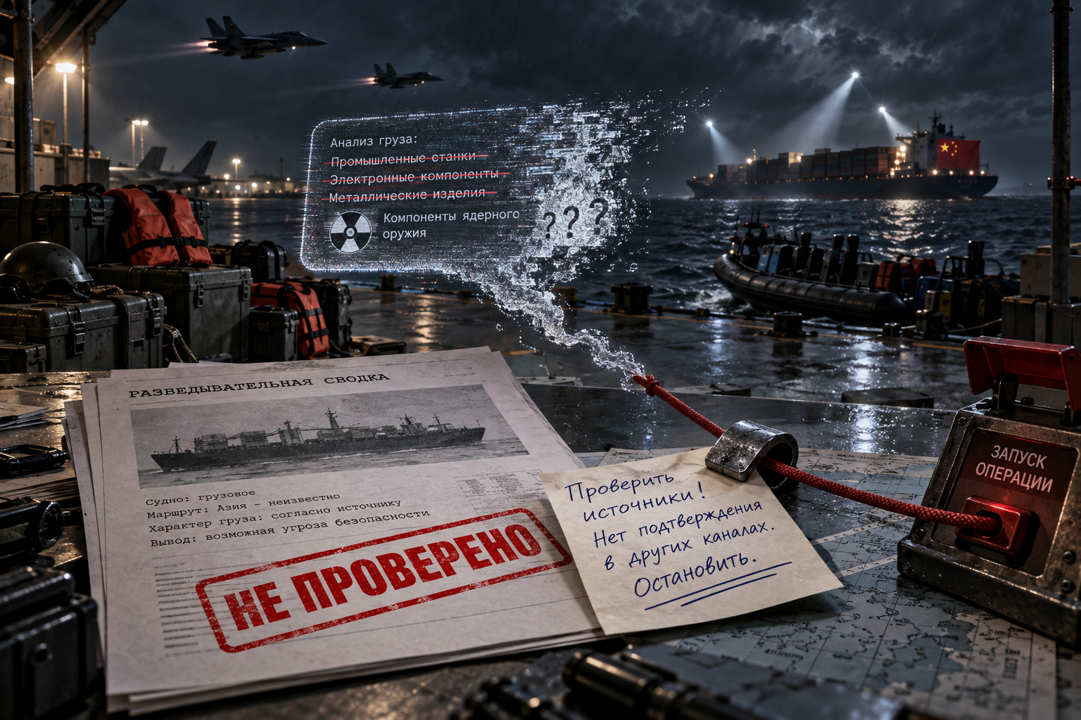Галлюцинированная разведсводка как призрачный чат-пузырь тянет красный шнур операции к китайскому судну, пока проверка первоисточника удерживает запуск в последний момент.