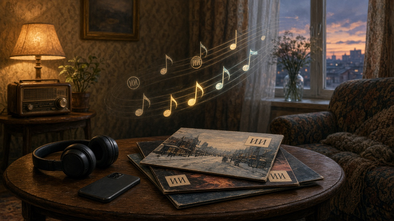 В гостиной у пластинок и нот стоят клейкие метки «ИИ», а помеченные ноты уходят в тень — как настройка «Меньше ИИ» в рекомендациях.