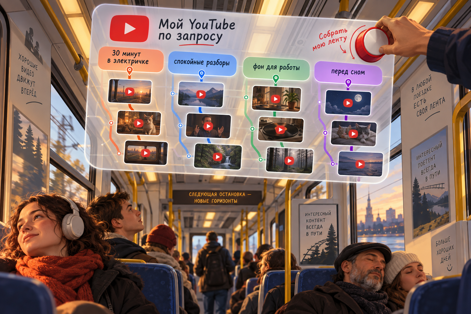В вагоне электрички плавающая домашняя лента YouTube превращается в несколько маршрутов-вкладок под промпты, а большая ручка на панели символически собирает нужный фид.